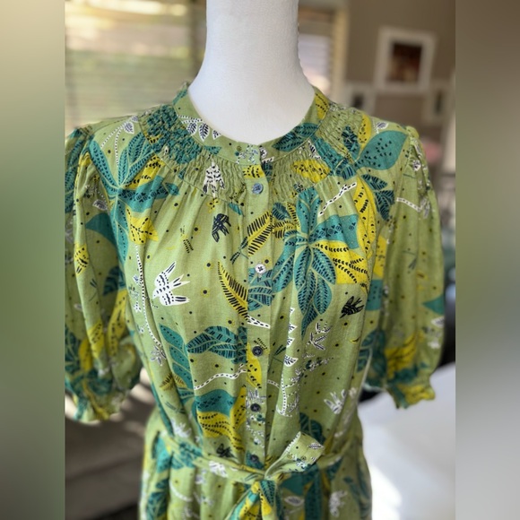 Boden Smocked 100% Linen Shirt Dress. Leaf, Oriental Cascade pattern. - Picture 2 of 10